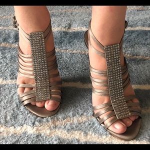 Silver BCBG Strappy Rhinestone Heels